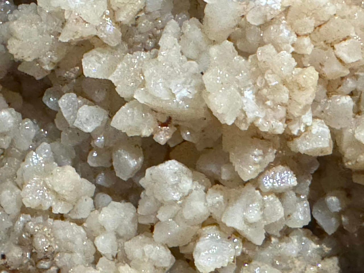 Large calcite crystals clustered together in a cave wall